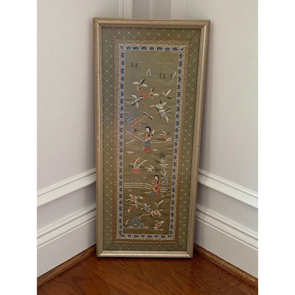 Antique Chinese Silk Embroidery Framed Garden Scene Landscape Wall Art Panel